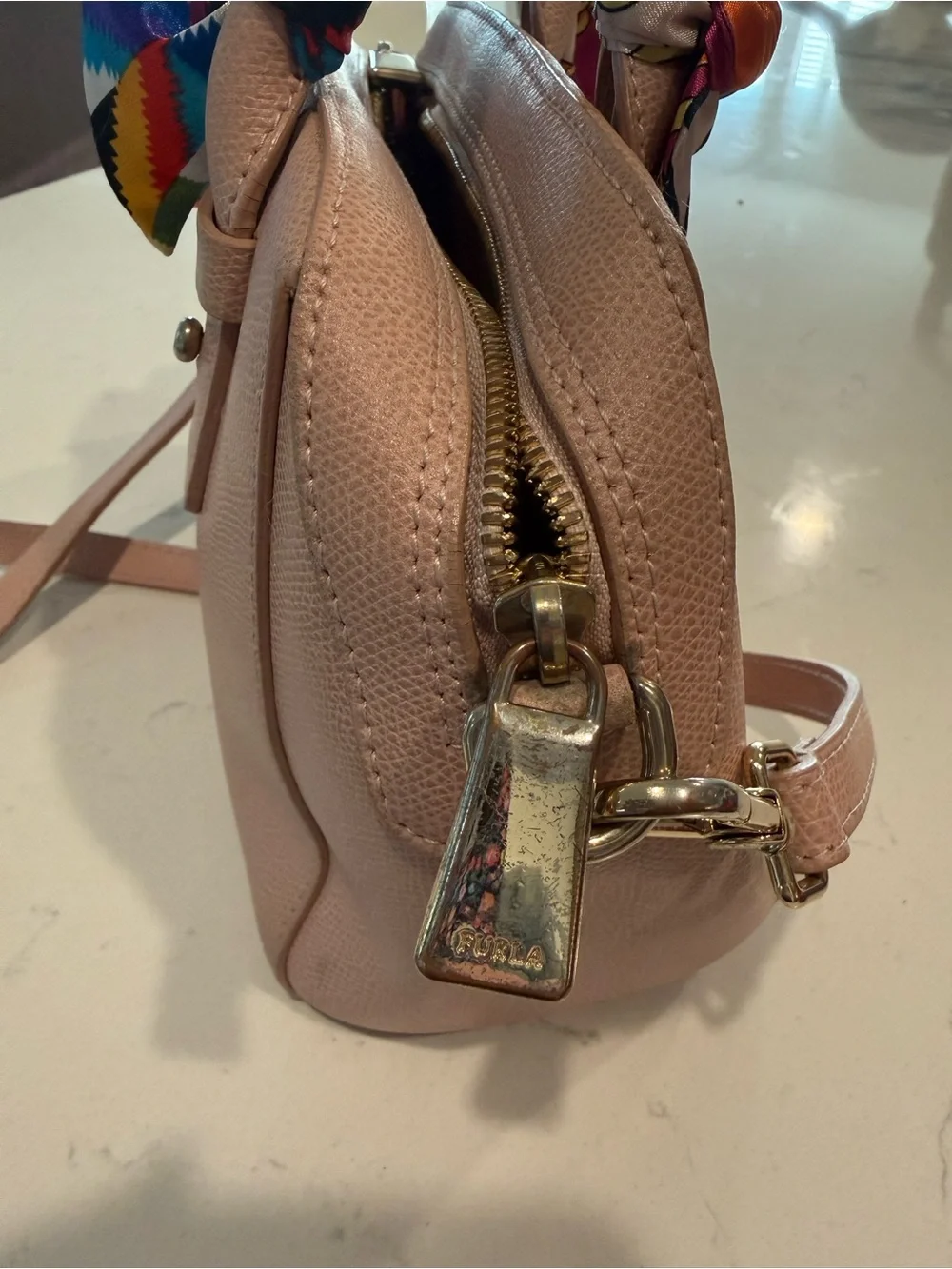 Furla Blush Pink Dome Satchel with Multi-Color Scarf-Wrapped Handles